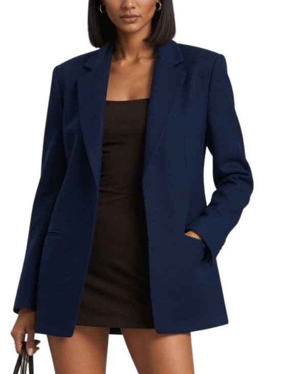 Mango Jackets & Blazers - Mango Basics Open Front Blazer Long Sleeve Linen Blend Blue Size Small